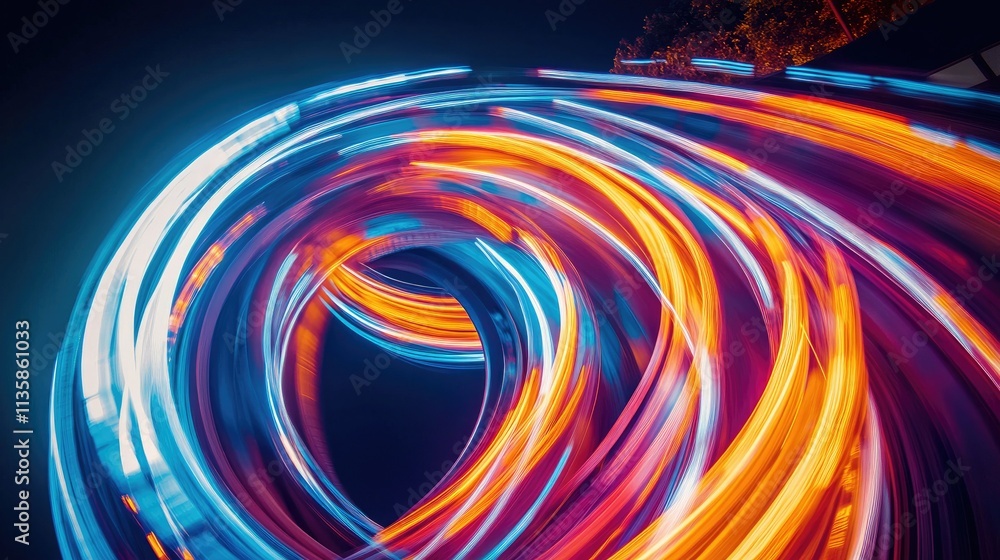 Poster vibrant light trails in a spiraling motion captured at night, showcasing dynamic movement and colorf