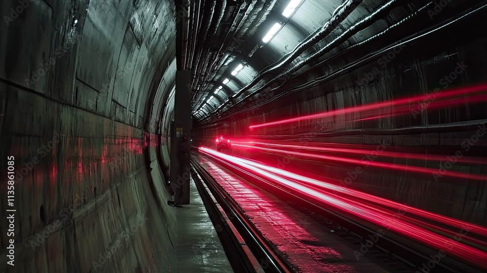 Poster dynamic flow of light through a dark tunnel with high-speed train motion captured in stunning detail