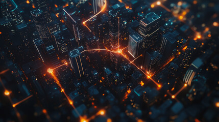 Obraz premium Smart digital Innovation city with connection network reciprocity over the cityscape. of future smart wireless digital city and social media networking systems that connects people with in city