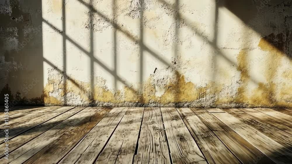 Poster light filters through a dusty window casting shadows on an old wooden floor in a weathered room