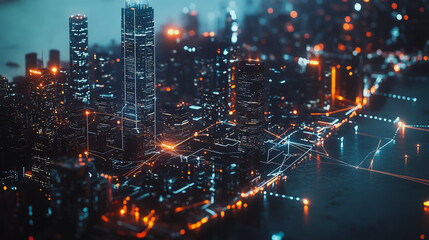 Smart digital Innovation city with connection network reciprocity over the cityscape. of future smart wireless digital city and social media networking systems that connects people with in city