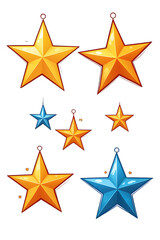 Obraz premium Six animated gold and blue Christmas stars on a white background. creating a lively and festive image.