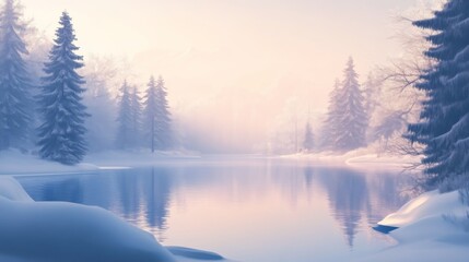 Fototapeta premium Snowy forest landscape with frozen river at