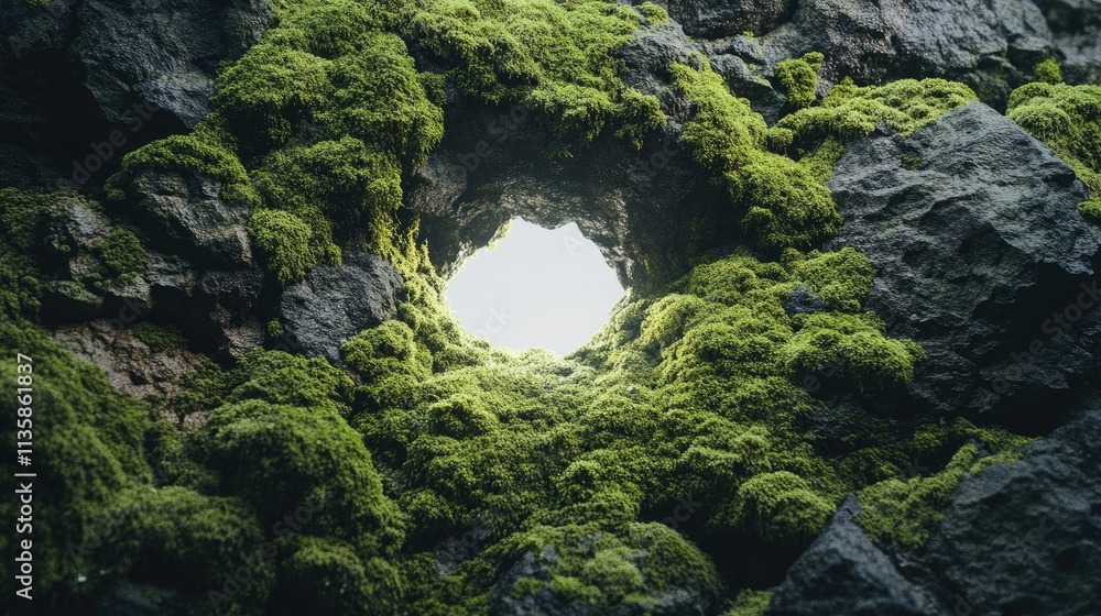 Poster sunlight filtering through rocky outcrop surrounded by lush green moss and textured stone creating a