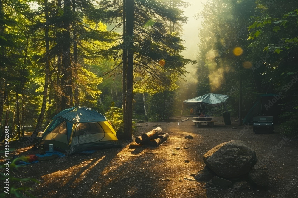 Poster a tranquil campsite nestled in a dense forest with morning sunlight filtering through the trees a co