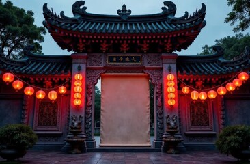Fototapeta premium Grand Temple Gate with Festive Lanterns and Custom Scroll