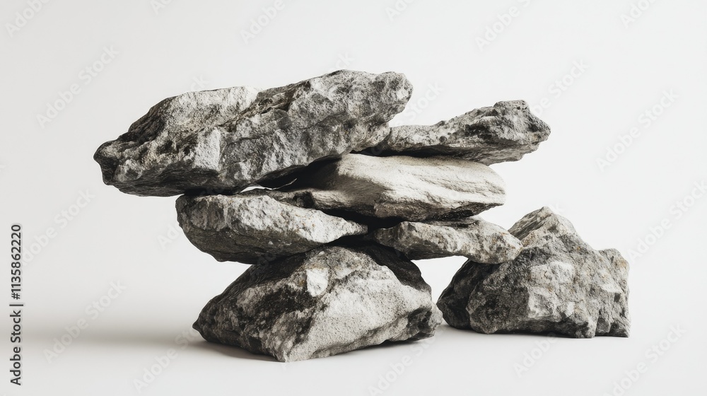 Poster natural collection of textured stones stacked artistically on a light background, showcasing unique 