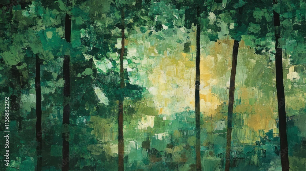 Poster a vibrant abstract representation of a forest with green hues and tall trees.
