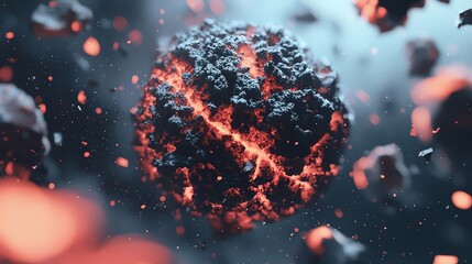 A close-up view of a volatile asteroid emitting glowing debris in deep space.