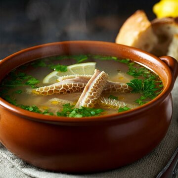 A rich bowl of Patsa soup with tender tripe, silky broth, and a sprinkle of fresh herbs, garnished with lemon wedges and served alongside freshly baked bread on a rustic table