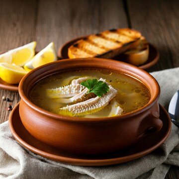 A steaming bowl of Patsa soup with tender tripe, garlic, vinegar, and golden broth, topped with parsley and served alongside lemon wedges and toasted bread slices on a rustic table