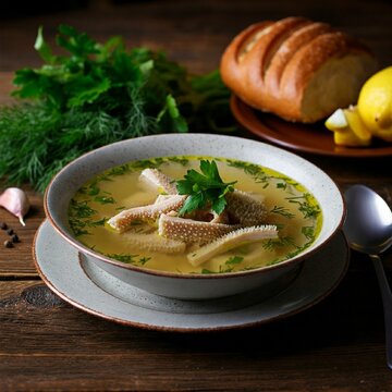 A hearty serving of Patsa soup with tripe, garlic, vinegar, and fresh herbs in a shimmering broth, paired with lemon wedges and a crusty bread roll for an authentic touch