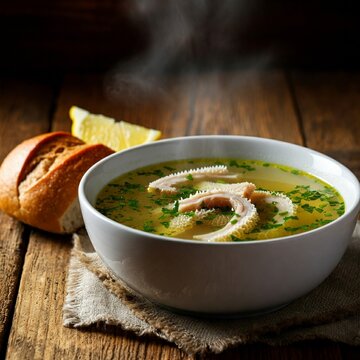 A rustic serving of Patsa soup with flavorful tripe, golden broth, and lemon garnish, paired with a warm bread roll and sprinkled with fresh parsley for a homely touch