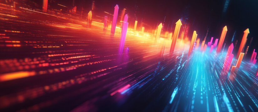 Abstract digital background with glowing arrows symbolizing growth, progress, and success.