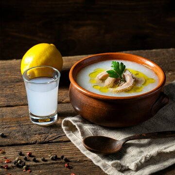 A vibrant bowl of Patsa soup with thinly sliced tripe, a rich lemony broth, and fresh herb garnish, served with a rustic spoon and a glass of ouzo for an authentic Greek experience
