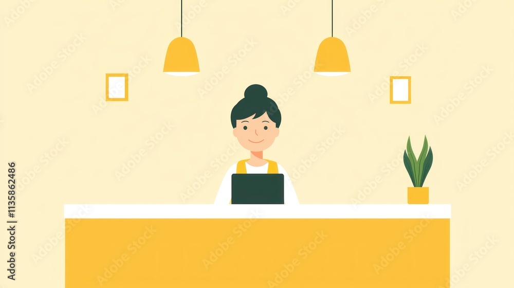 Poster receptionist icon designed with a friendly figure behind a desk, representing office environments