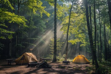 Two tents nestled amongst tall trees in a lush forest, bathed in the warm glow of morning sunlight A cozy campsite nestled in a dense forest with sunlight filtering through the trees