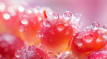 Close-up of a luscious pomegranate seed cluster, ruby-red translucence glowing under soft ambient light, tiny water droplets glistening, pastel lavender background adding softness,