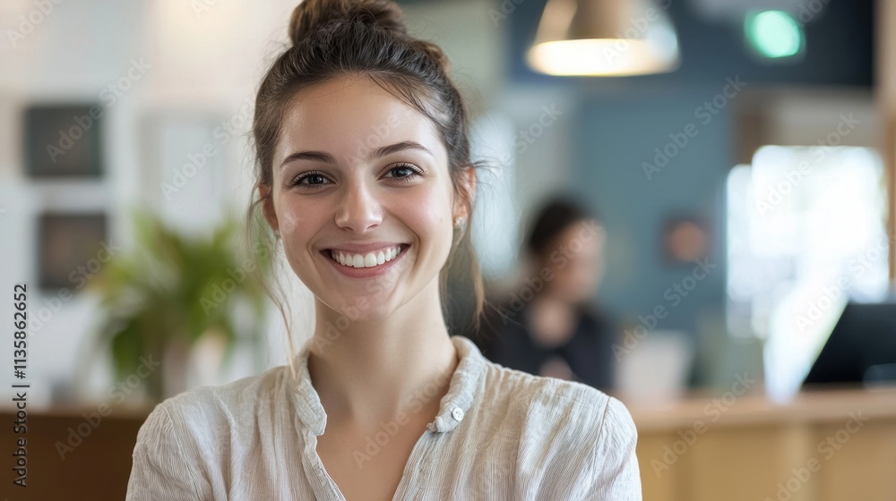Poster receptionist portrait capturing a professional individual smiling behind a reception desk
