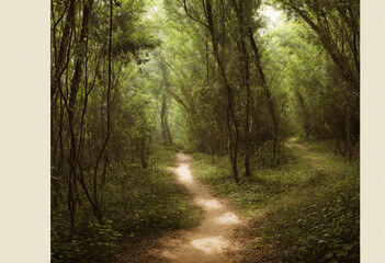Obraz premium Ornate Product Display on Plain Background with Enchanting Forest Pathway Concept