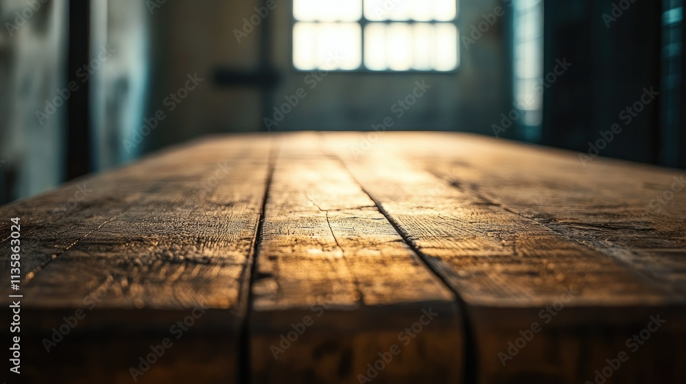Poster rustic wooden table with sunlight reflection in an industrial setting, emphasizing texture and warmt