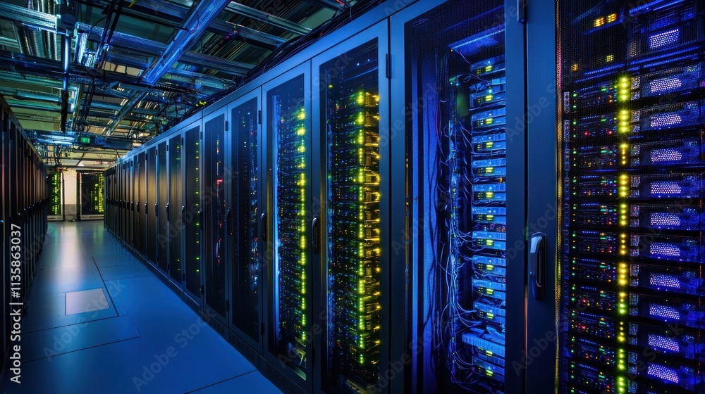 Aufkleber rows of server racks in a modern data center, with glowing led lights and cabling visible
