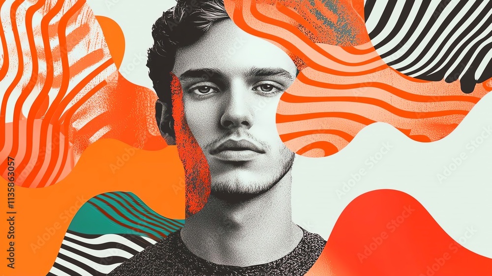 Aufkleber a modern portrait showcasing self-expression through vibrant colors and abstract patterns.