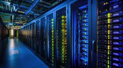 Rows of server racks in a modern data center, with glowing LED lights and cabling visible