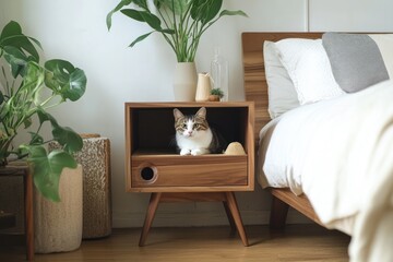 Calico cat resting inside mid-century modern wooden nightstand in bedroom.