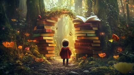 Fototapeta na wymiar Fantasy world inside of the book. Concept of education imagination and creativity from reading books.