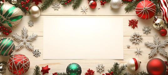 Fototapeta premium A white blank sheet of paper in the center, Christmas decorations around it on a light wooden background, with a red and green striped frame, snowflakes, stars, silver ornaments,