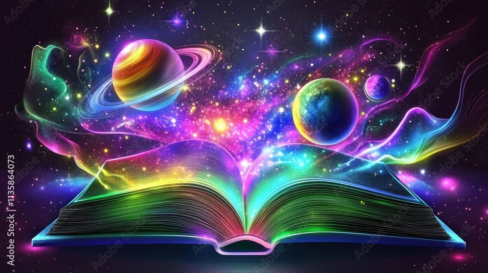 Aufkleber ethereal cosmic book unveiling vibrant galaxies and planets, merging imagination with the infinite w