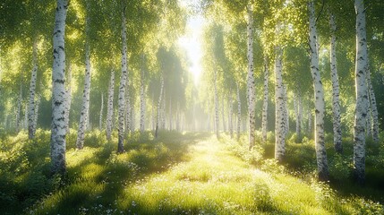 Obraz premium A 3D generated quiet forest path, sunlight filtering through trees, serene