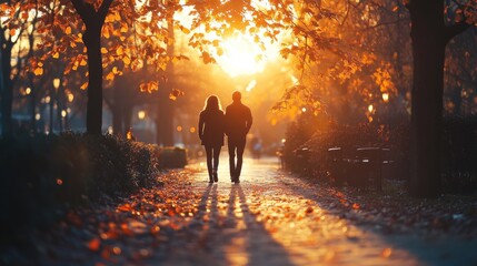 Fototapeta premium Two people walking through a park during golden autumn sunset