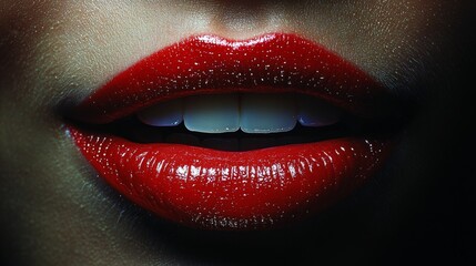 Obraz premium Close-up of shiny red lips with glossy texture on a dark background
