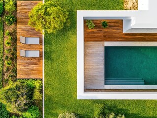 Aerial View of Modern Home with Pool and Lush Landscaping: Tranquil Outdoor Oasis Design