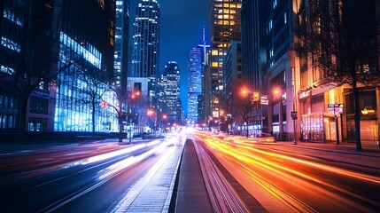 Naklejka premium Night Cityscape, Urban Street at Night with Light Trails. Concept of urban life, modern city, and fast paced lifestyle.
