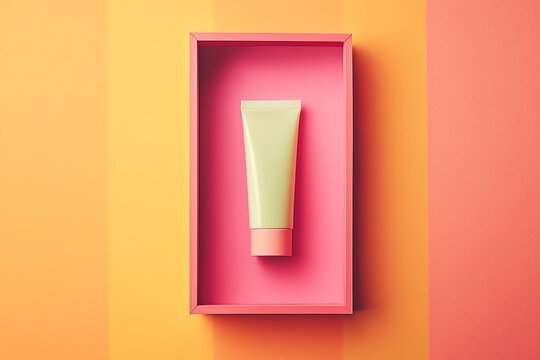 A stylish cosmetic tube displayed in a vibrant pink and orange setting.
