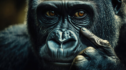 Obraz premium A gorilla is looking at the camera with its hand on its face. Concept of curiosity and intelligence, as the gorilla seems to be trying to communicate with the viewer