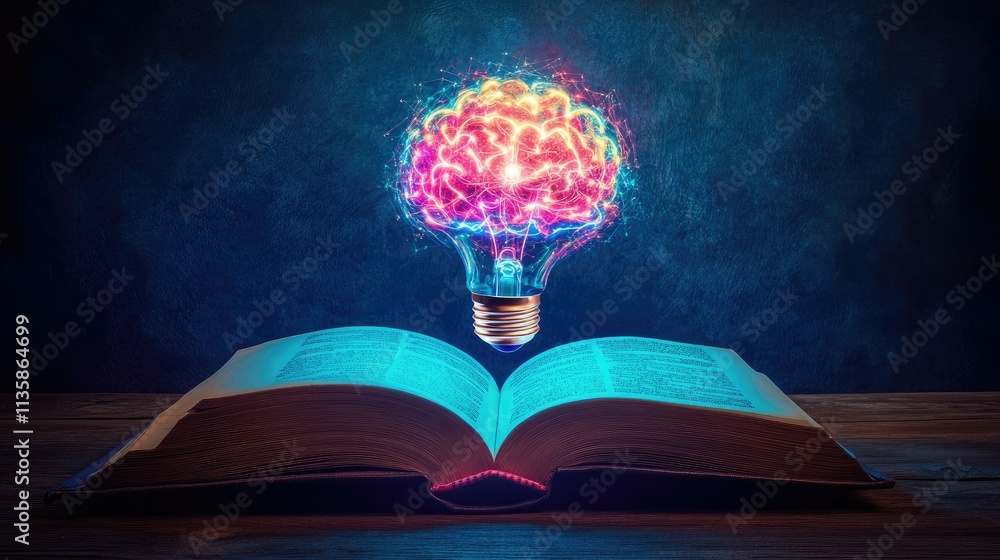 Poster illuminated brain above open book representing knowledge, creativity, and learning in a colorful and