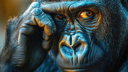 A gorilla is looking at the camera with a puzzled expression. Concept of curiosity and confusion