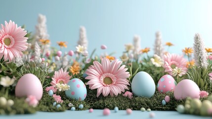 Obraz premium Colorful Easter Eggs and Flowers in a Spring Meadow Setting