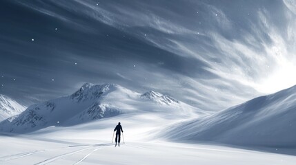 A lone skier traverses a vast snowy mountain landscape under a swirling sky