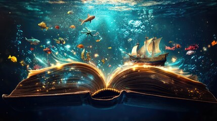 Obraz premium Enchanted Storybook Underwater Scene with Colorful Fish, a Majestic Ship, and Sparkling Magical Elements Illuminating the Ocean Depths