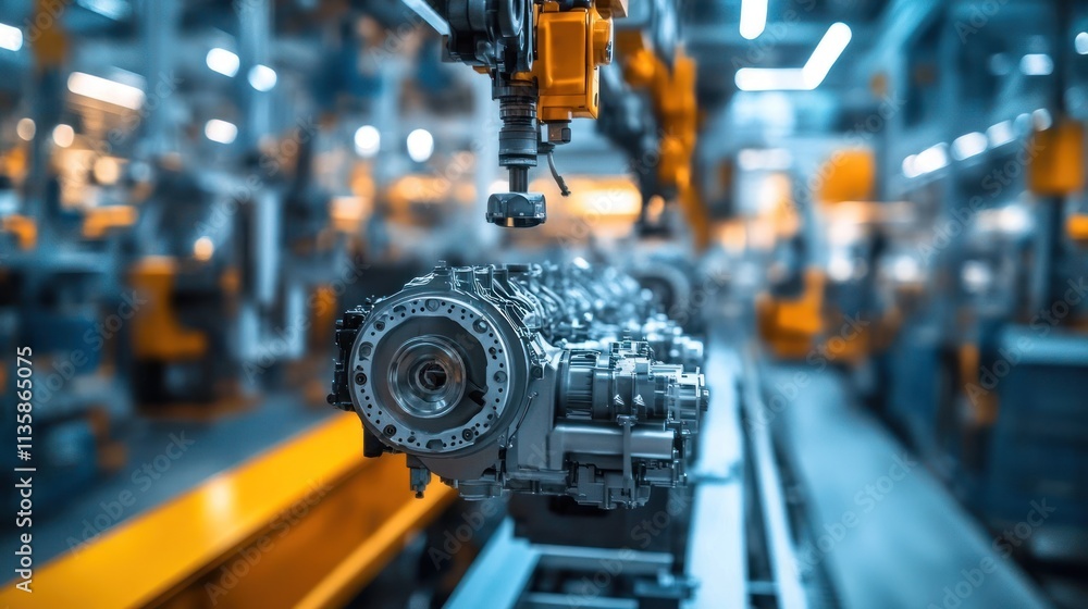 Poster a robotic arm working on an engine in a modern factory.