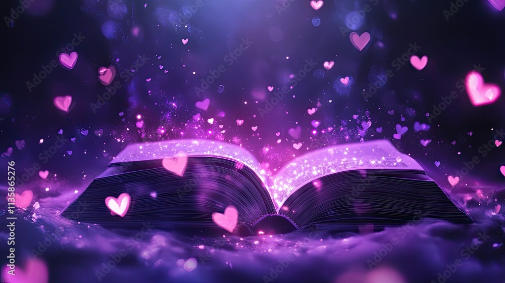 Poster a magical open book surrounded by floating hearts and sparkles, creating a dreamlike atmosphere full