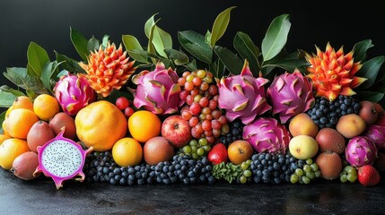 A vibrant arrangement of various fruits and leaves, showcasing colorful tropical produce.