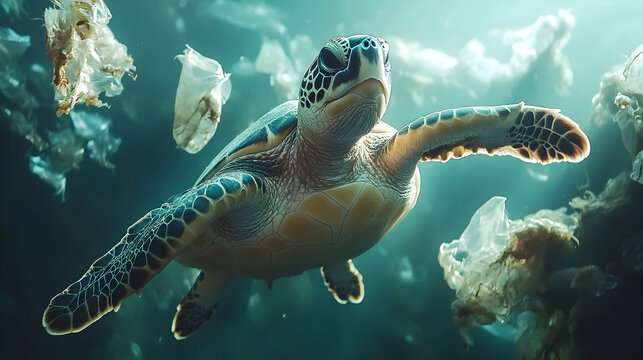 Sea Turtle Swimming Amidst Plastic Pollution in the Deep Blue Ocean.