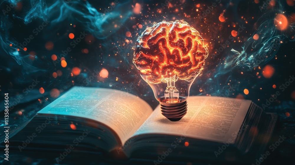 Poster creative concept of brain power symbolized by glowing brain inside a light bulb above an open book w