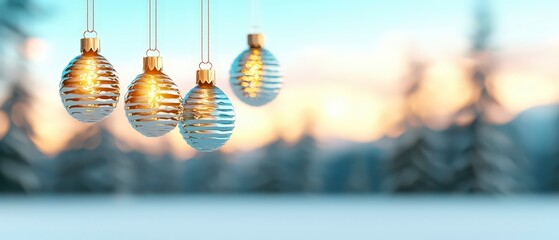 Fototapeta premium Festive Gold Christmas Baubles Hanging Winter Wonderland Background